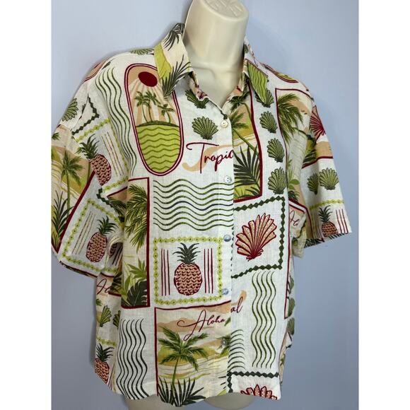 C&C California Linen Tropical Print Short Sleeve Shirt Women's M New - Picture 13 of 13